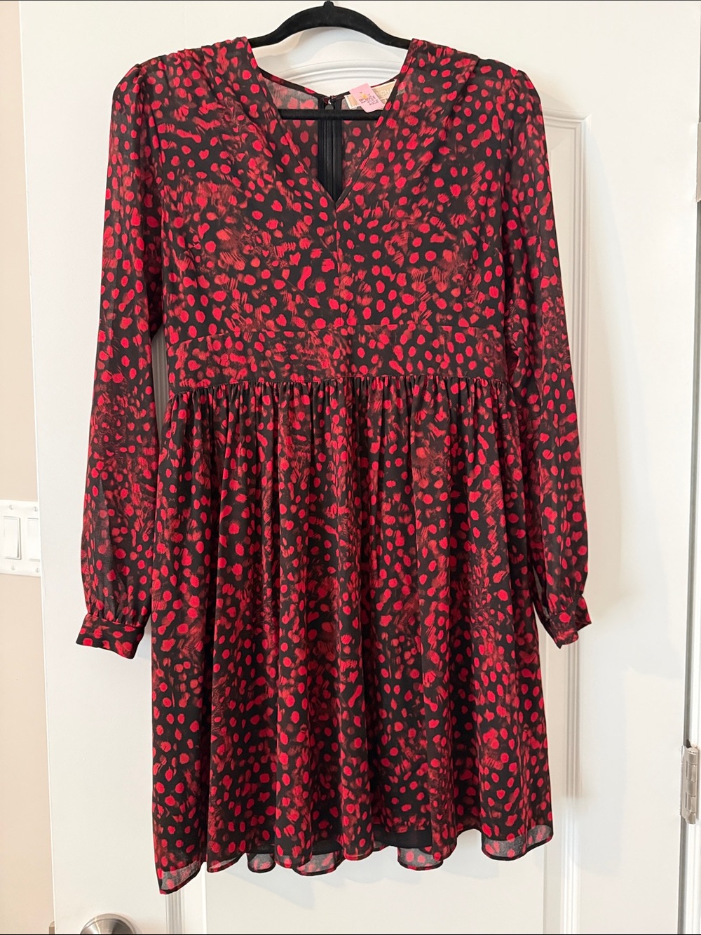 Michael Kors Black Dress with Red Spot Print Long Sleeve V-Neck